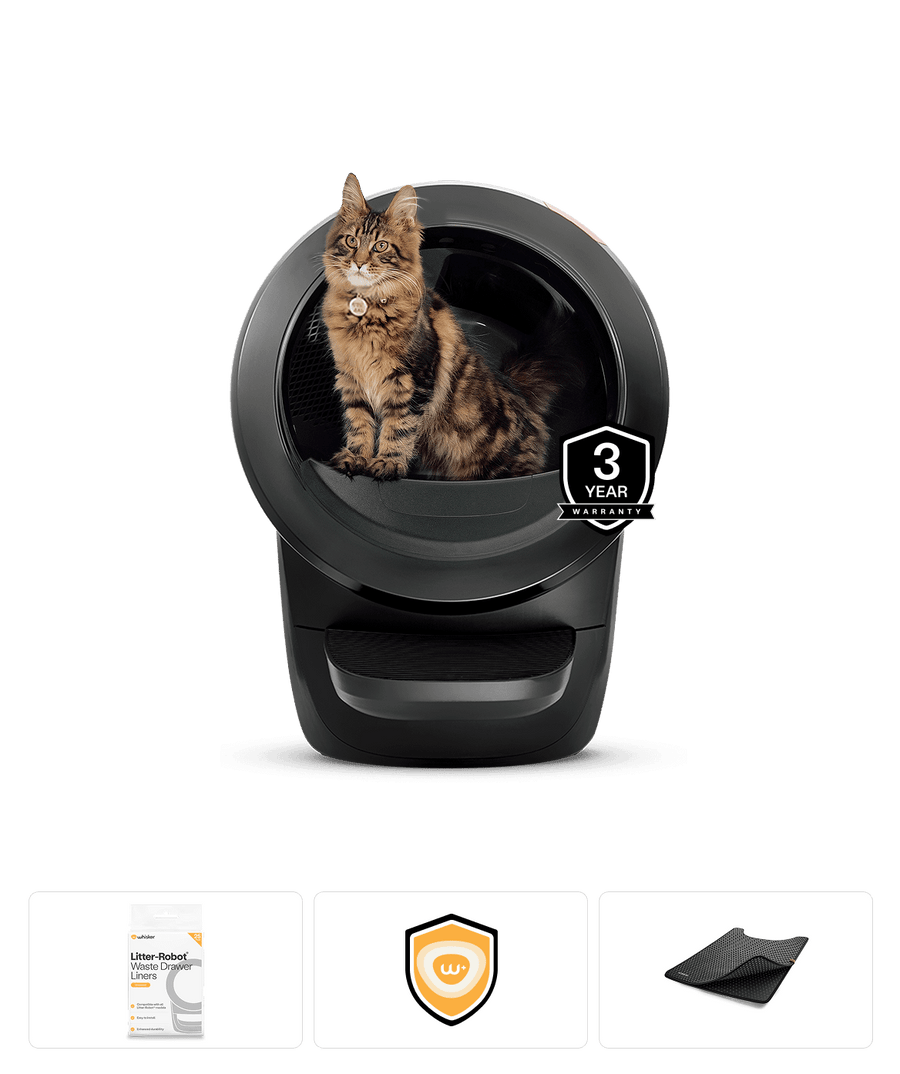 Litter-Robot 4 Insights bundle including 3 year warranty, waste drawer liners, whisker+ membership and LitterTrap mat