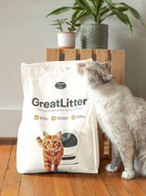 cat with bag of GreatLitter cat litter