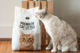 20 pound bag of premium cat litter next to a grey cat