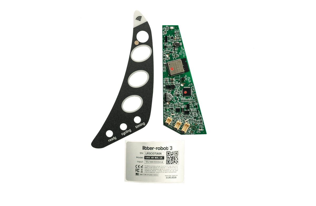 Litter Robot 3 upgrade board, button faceplate, and serial number sticker