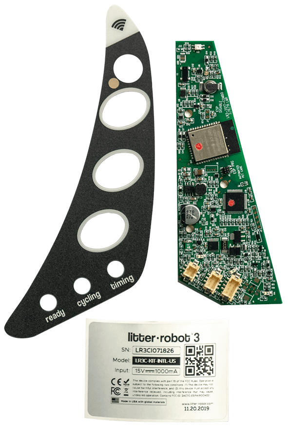 Litter Robot 3 upgrade board, button faceplate, and serial number sticker