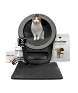Litter-Robot 5 self cleaning litter box and starter accessories including greatlitter, waste drawer liners, odortrap, littertrap mat, and warranty