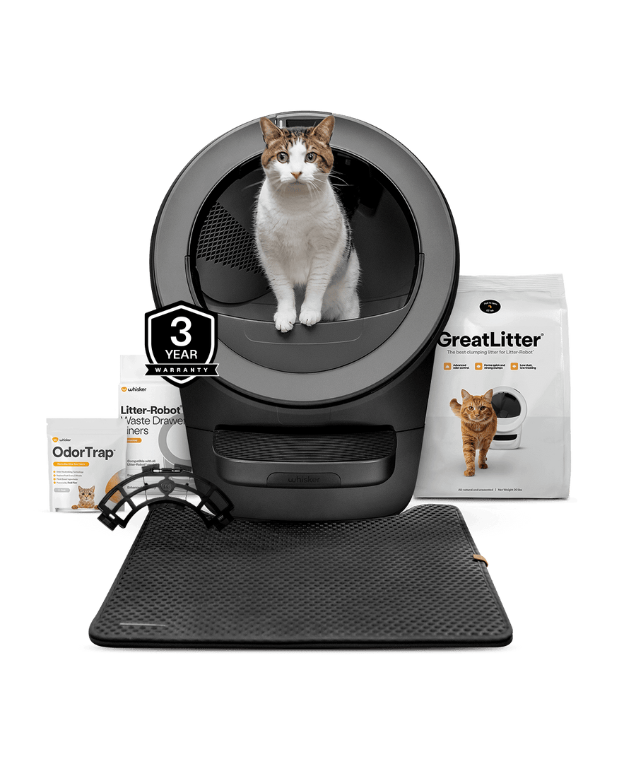 Litter-Robot 5 self cleaning litter box and starter accessories including greatlitter, waste drawer liners, odortrap, littertrap mat, and warranty