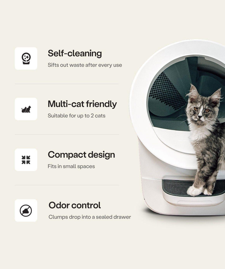 Litter-Robot EVO automatic litter box benefits including self cleaning, multi cat friendly, compact design, and odor control