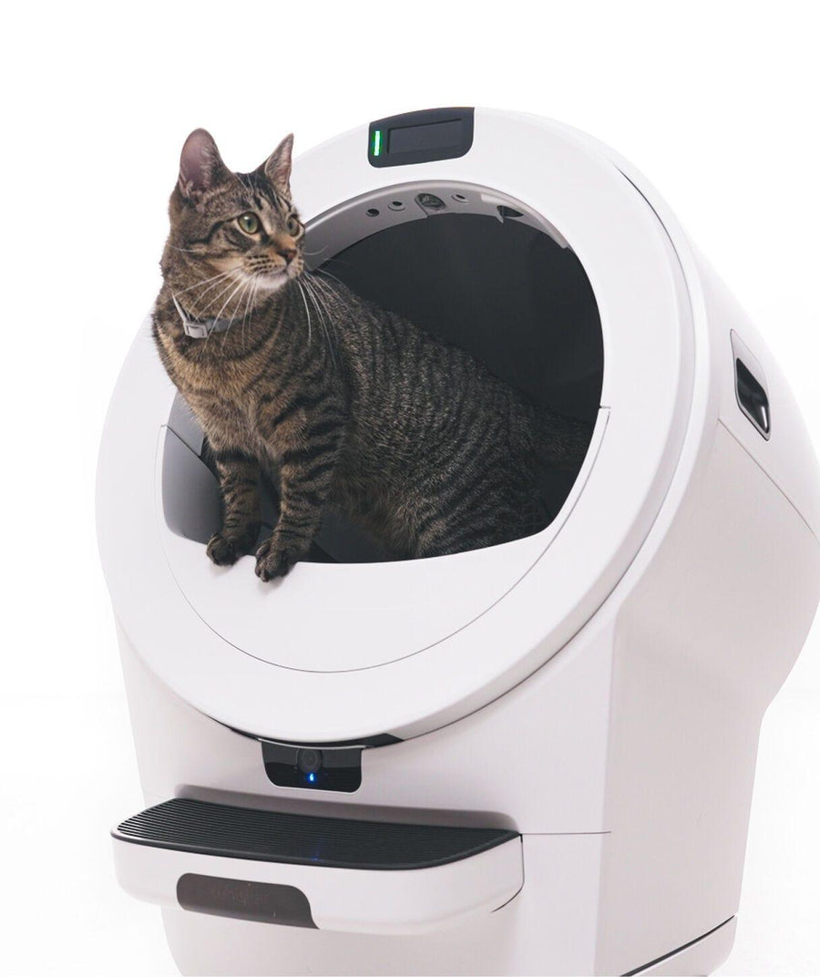 Cat using Litter-Robot 5 Pro self cleaning litter box with PetTag and cat collar