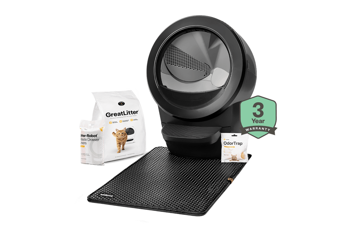 Litter-Robot 4 Starter Bundle in black - includes Litter-Robot 4 automatic litter box, extended warranty, premium cat litter, odortrap, waste drawer liners, and Litter Trap cat litter mat